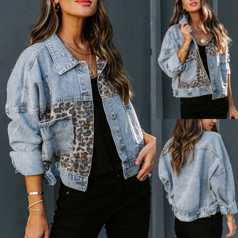 Leopard Stitching Denim Jacket - Down Jacket Packable 评论和价格